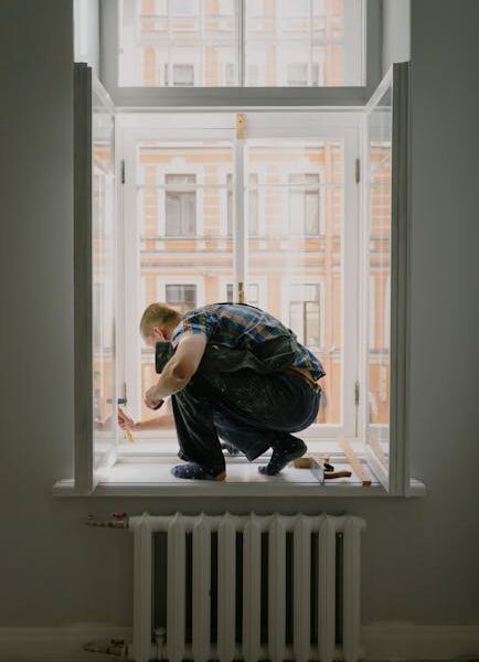 Anonimowy Mężczyzna Na Parapecie Podczas Prac Remontowych - Fot. Ksenia Chernaya