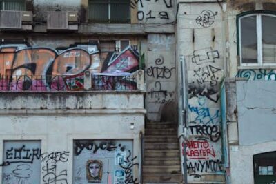 Na Zewnątrz Odrapanego Budynku Z Graffiti - Fot. Ryutaro Tsukata