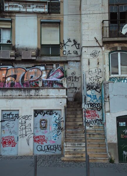 Na Zewnątrz Odrapanego Budynku Z Graffiti - Fot. Ryutaro Tsukata