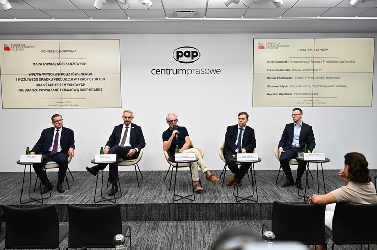Linie wysokiego napięcia i zakład przemysłowy, ilustracja do tematu wysokich cen energii dla polskich firm